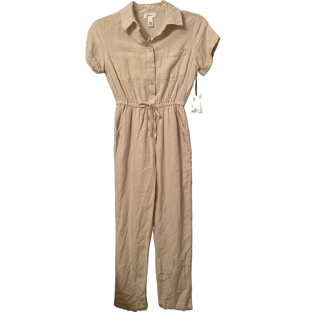 Japna Womens S Short Sleeve Button Front Jumpsuit Beige Linen Blend Straight NWT